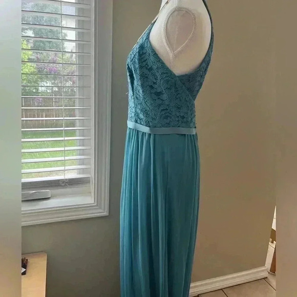 [10]Davids Bridal High Neck Laced Open Back Teal Green Bridesmaid Wedding Dresse - Picture 3 of 10